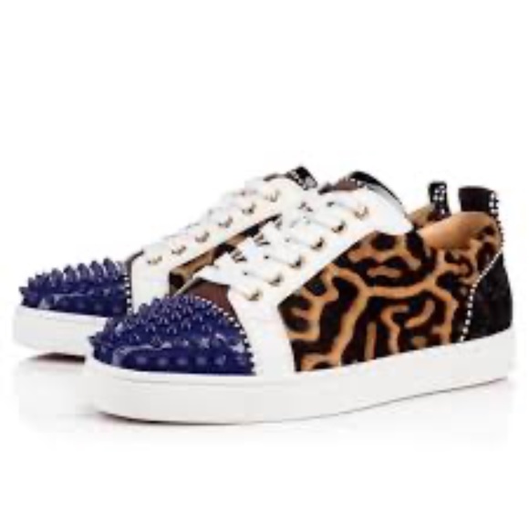 NWOB Christian Louboutin Leopard Print Pont Hair Blue Spike Cap Toe Sneakers 43
